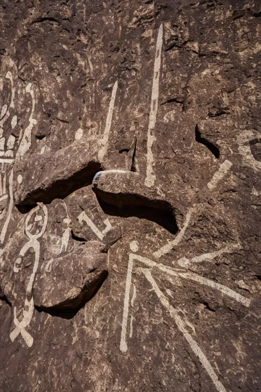 Prompt: 4 k photography of petroglyphs representing crosses, ufo and alien symbols on a cave