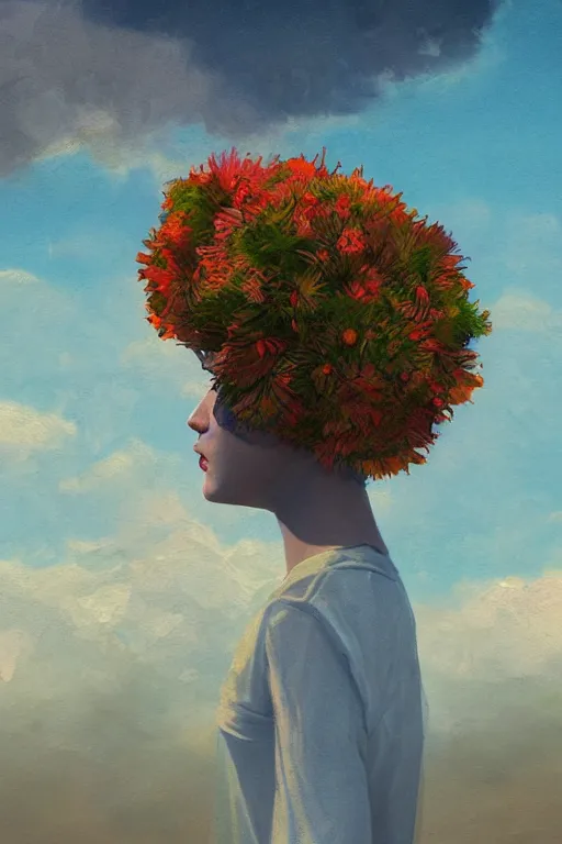 Prompt: closeup, flower head, a girl on beach, surreal photography, wind and cold, dramatic sky, impressionist painting, digital painting, artstation, simon stalenhag