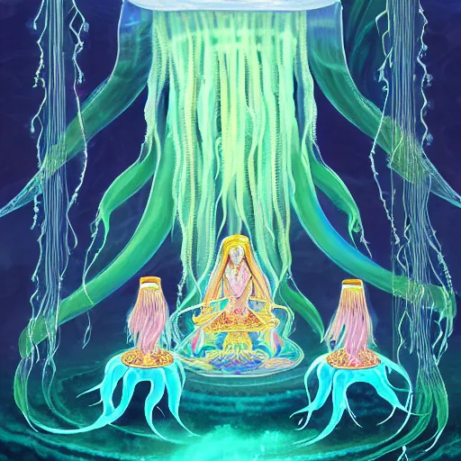 Image similar to A painting of priestesses worshipping at the jellyfish temple, shrouded in mist, jellyfish god, jellyfish priestess, jellyfish shrine maiden, 8K, illustration, art by Kyuyong Eom and Rui Li and Seunghee Lee and xi zhang, smoke, undersea temple with fish, cinematic, insanely detailed and intricate, hypermaximalist, elegant, super detailed, award-winning, fuschia and vermillion and cyan, rainbow accents, mysterious, ancient, ritual, trending in cgsociety, artstation HQ, ornate, elite, haunting, matte painting, beautiful detailed, insanely intricate details, dreamy and ethereal, otherworldly