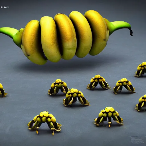 Image similar to Hyper realistic, banana alien egg pods, grim dark, imperial marines sneaking, crawling banana crabs defending the mother