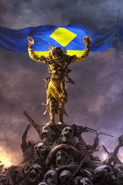 Prompt: A distant view front shot of a strongest soldier with a Ukrainian flag behind him while he is standing on a huge pile of skulls in triumph after the battle, head is up, flag in hands, dark atmosphere, bright rays of light from the sky, beams of light, intricate, volumetric lighting, neon blue and yellow lights, highly detailed, smooth, artstation, concept art, сinematic lighting, insanely detailed, smooth, sharp focus, Artstation, 8k, unreal engine, hyper realistic, bright background, moonlight, volumetric lighting, wallpaper, digital illustration by Ruan Jia and Mandy Jurgens and Artgerm and Wayne Barlowe and Greg Rutkowski and Frank Frazetta