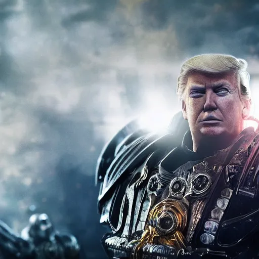 Image similar to Portrait of donald trump as the emperor of humanity from warhammer 40k in Gears of War, splash art, movie still, cinematic lighting, dramatic, octane render, long lens, shallow depth of field, bokeh, anamorphic lens flare, 8k, hyper detailed, 35mm film grain