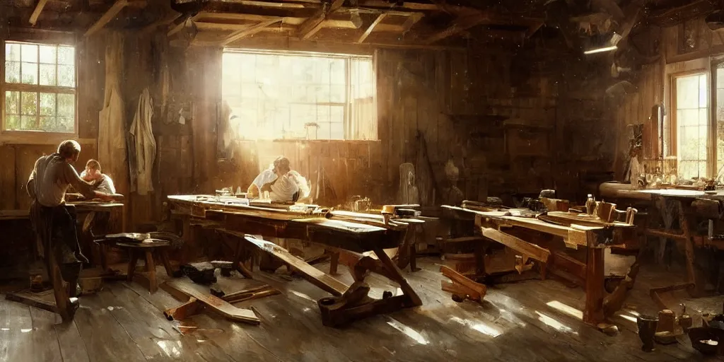 Prompt: simple craftsman fine woodworker building a wooden table in their well lit clean open workshop, art by anders zorn, wonderful masterpiece by greg rutkowski, beautiful cinematic light, american romanticism thomas lawrence, greg rutkowski