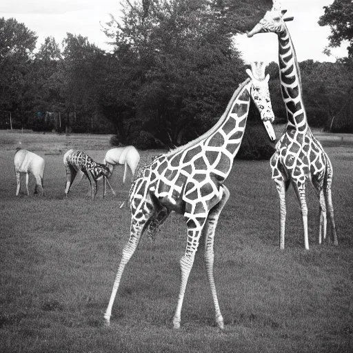 Prompt: mechanical giraffes, having a picnic, realistic, daylight, 3 5 mm, photo