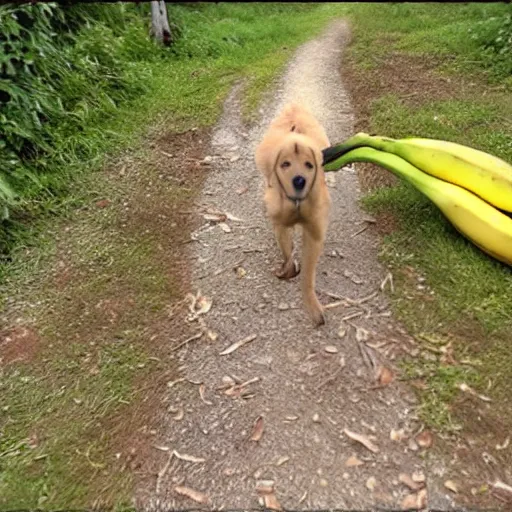 Prompt: banana and dog hybrid trail cam cctv footage