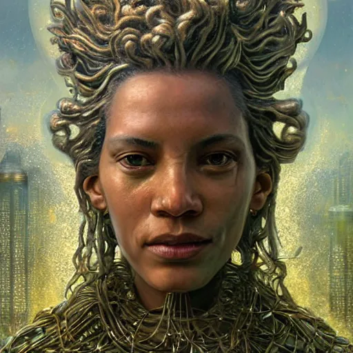 Prompt: A neofuturistic very highly detailed Hermione god with very highly detailed face in the beautiful garden in a very highly detailed solarpunk sci-fi city realistic concept art photography by Greg Rutkowski, sci-fi highly detailed, realistic concept art photography, Dimensional cyan gold natural light, cinematic shot, realistic concept art photography by Stephen Hickman and James Gurney and Hiromasa Ogura Ghost in the Shell rendered in Octane Render, From the distance