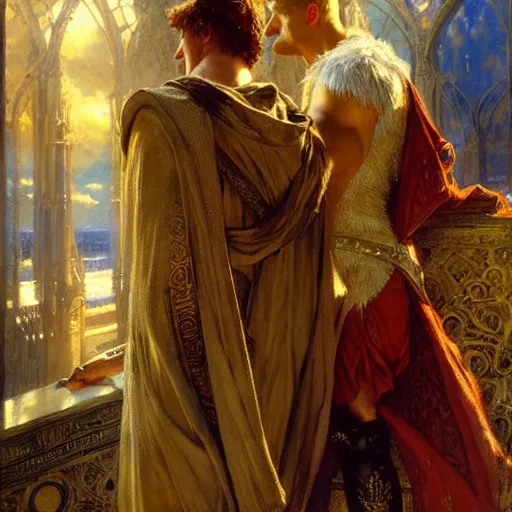 Image similar to stunning arthur pendragon in love with stunning male merlin the mage. they are close to each other. highly detailed painting by gaston bussiere, craig mullins, j. c. leyendecker