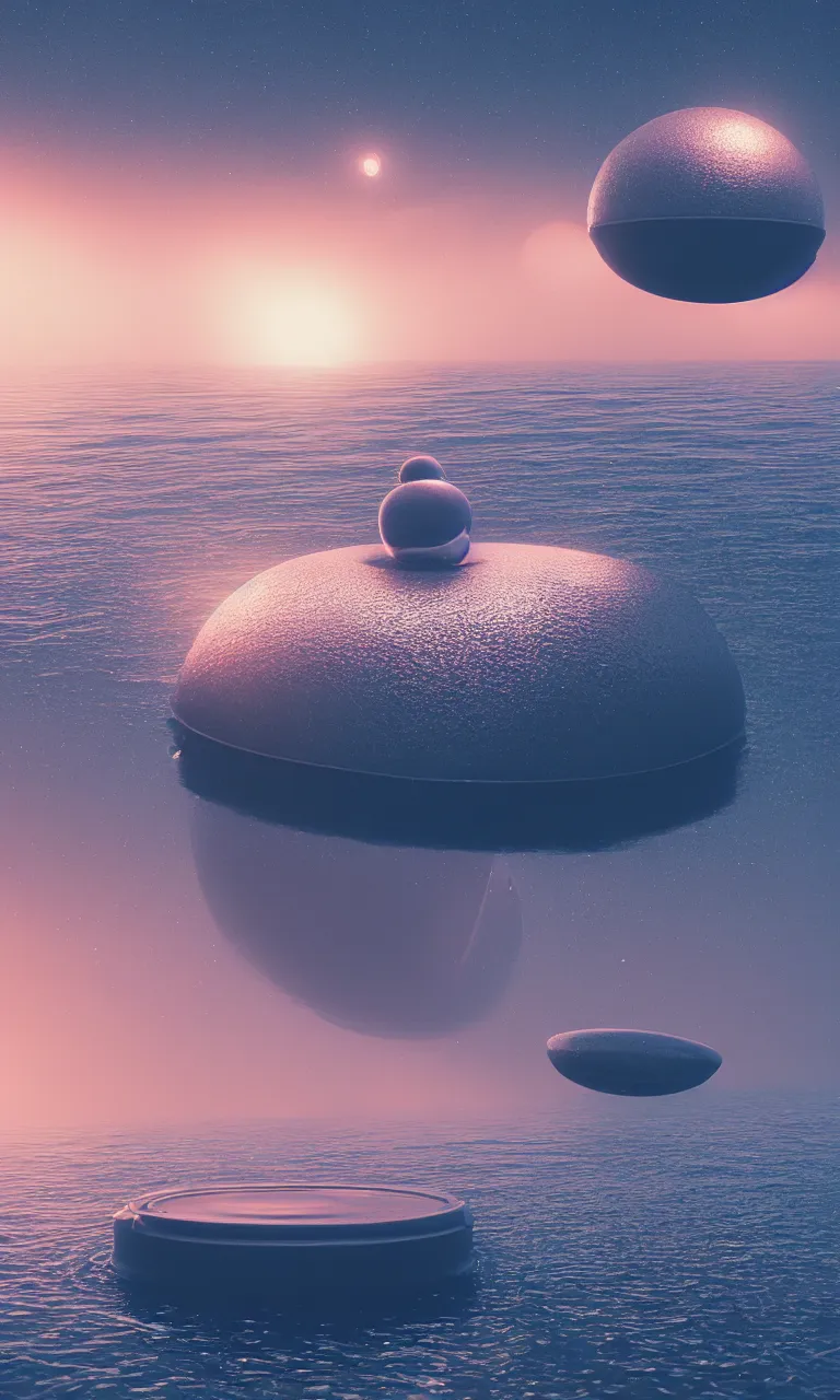 Image similar to a strange looking object floating in a body of water, a matte painting by mike winkelmann, cgsociety, space art, retrowave, rendered in cinema 4 d, synthwave
