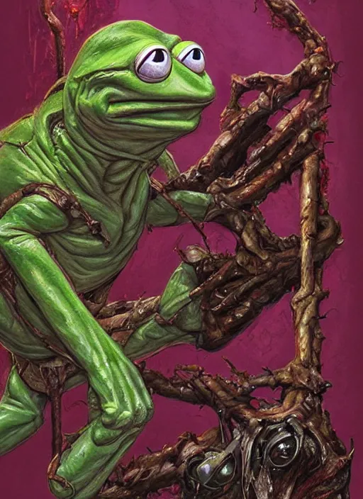 Prompt: portrait of Kermit the frog in Evil Dead (2013), highly detailed, centered, solid color background, digital painting, artstation, concept art, smooth, sharp focus, illustration, artgerm, donato giancola, Joseph Christian Leyendecker, Les Edwards, WLOP, Basil Gogos, Artgerm