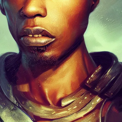 Prompt: portrait of a bitter angry rogue black man. Epic fantasy. beautiful. hyperrealism symetric face cinematic top lighting, insanely detailed and intricate, face by wlop, Charlie Bowater, golden ratio, symmetric, elegant, ornate, luxury, elite, matte painting, cinematic, trending on artstation, deviantart and cgsociety, 8k, high resolution