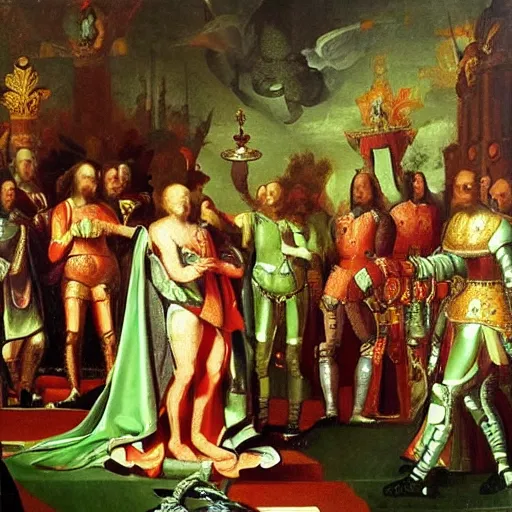 Prompt: 17th century oil painting of a green space alien being crowned king at an extraordinary coronation ceremony, 8k, ultra detailed, ultra intricate,