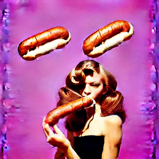 Prompt: a portrait of a beautiful fashion model that is curling her hair using hot dogs. surreal photograph, toiletpaper magazine, 3 5 mm photograph, colourful, by pierpaolo ferrari, maurizio cattelan