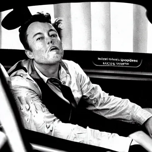 Image similar to gonzo reporter retro photo of drunked elon musk driving bus, fear and loathing in las vegas style, by hunter thompson