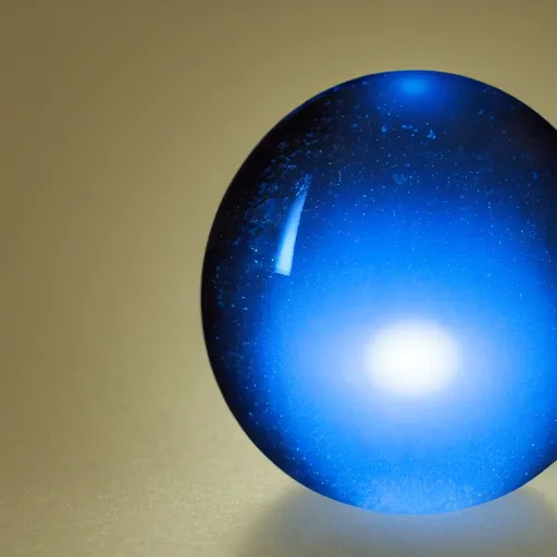 Prompt: A dark blue glass orb with a faint glow sinking into a dark abyss. Black background. Expressive.
