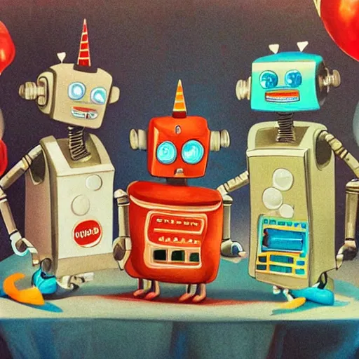 Image similar to three robots having a cool party birthday party, highly detailed