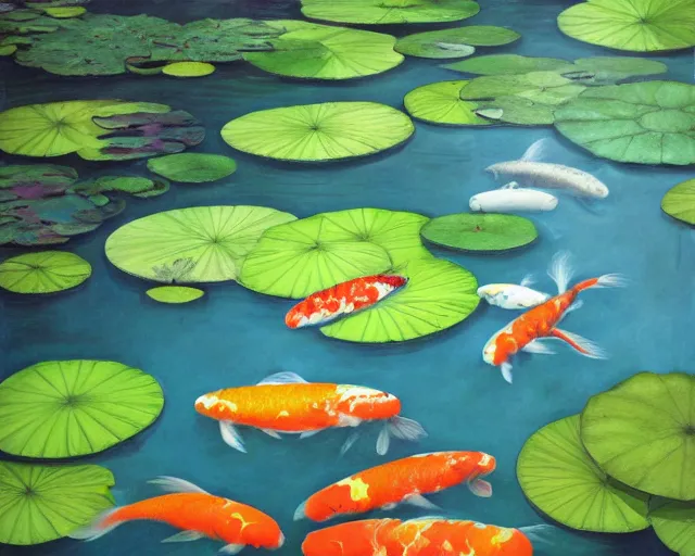 Image similar to koi pond, lotus flowers, dark blue water, green lily pads, goldfish, a fantasy digital painting by makoto shinkai and James Gurney, trending on artstation,