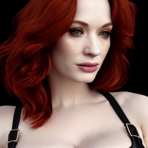 Image similar to 3 d render of christina hendricks in black leather bodysuit, smooth, intricate, octane, reflects, ultra detailed, sharp focus, symmetry