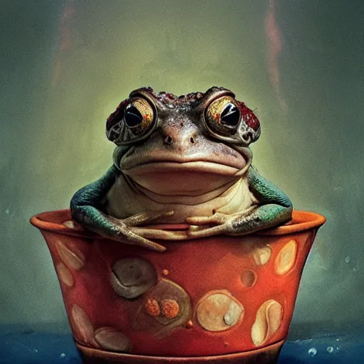Prompt: long shot of a crazy toad baby sitting in a searose cup, by esao andrews, by m. w. kaluta, very humorous illustration, small depth of field, perspective perception, volumetric light, psychedelic colors, 3 d octane render, 8 k, conceptart, hyperdetailed, hyperrealistic, trending on artstation