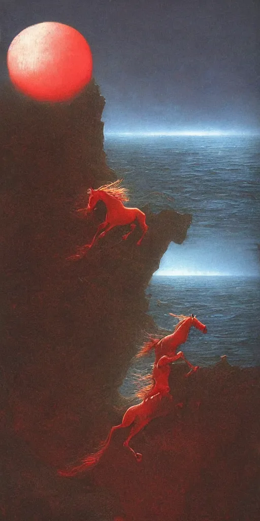 Image similar to a red demon horse falls off a cliff and into the ocean under the moonlight, beksinski, dariusz zawadzki, surreal, ethereal
