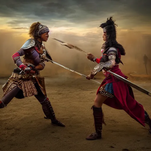 Prompt: 8k photo of a battle of 2 warrior princesses in year 2100. Nikon, sharp, beautiful light