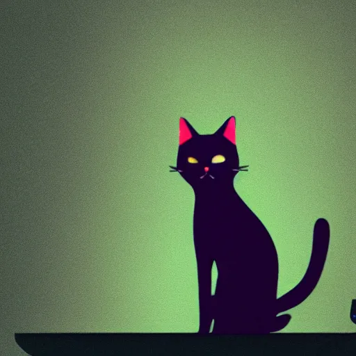 Image similar to a hacker cat, green hoodie accomplished look, dark background, sitting at a laptop, terminal console on screen, shadows, matte painting, bold shapes, hard edges, octane render, unreal engine