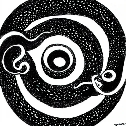 Image similar to a black and white ouroboros drawing