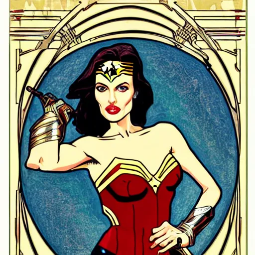 Image similar to angelina jolie as wonder woman, mucha style, symetrical art deco poster illustration highly detailed,