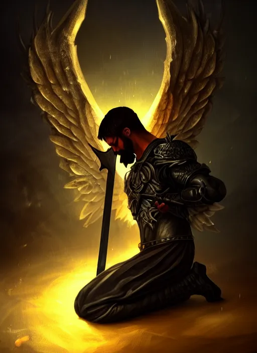 Image similar to fantasy art, fallen man angel kneeling on the knees with a sword and shield, close-up, bokeh. dark art masterpiece artstation. 8k, sharp high quality illustration in style of Jose Daniel Cabrera Pena and Leonid Kozienko, Tooth Wu, studio lighting. angel with big wings