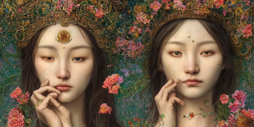 Image similar to breathtaking detailed concept art painting of the goddess Flora, orthodox saint, with anxious, piercing eyes, ornate background, amalgamation of leaves and flowers, by Hsiao-Ron Cheng, James jean, Miho Hirano, Hayao Miyazaki, HDR, extremely moody lighting, 8K