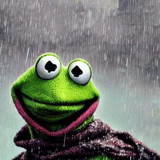 Prompt: highly detailed close up portrait of kermit the frog ((kermit the frog)) (((kermit the frog))) in the rainy streets of a cyberpunk dystopia, by Dustin Nguyen, Akihiko Yoshida, Greg Tocchini, Greg Rutkowski, Cliff Chiang, 4k resolution, nier:automata inspired, bravely default inspired ((dystopian cyberpunk background))