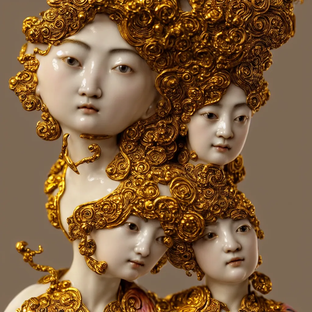 Prompt: a single close up photo - real delicate ceramic porcelain sculpture of an ornate girl detailed in front of an intricate background by gustav klimt, micro detail, backlit lighting, face in focus, subsurface scattering, translucent, thin porcelain, octane renderer, colorful, physically based rendering, japanese pottery, trending on cgsociety