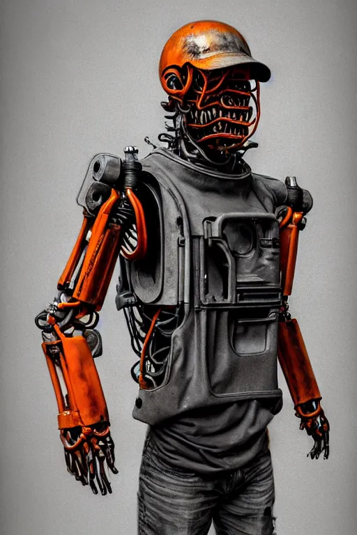 Image similar to hyperrealistic grungy exoskeleton!! smiling chinese man covered highly detailed concept art eric zener elson peter cinematic hard orange lighting high angle hd 8k sharp shallow depth of field