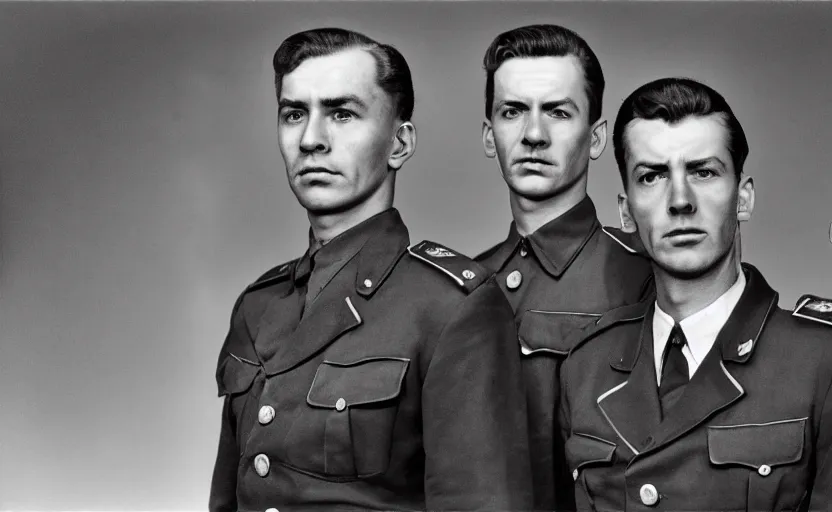 Image similar to 50s movie still close-up portrait of three soviet officers with very detailed faces in a stalinist style hall, by Alexei Guerman, Cinestill 800t 35mm black and white, heavy grainy picture, very detailed, high quality, 4k, HD criterion, precise texture, diverse faces, diverse haircuts, diverse ages, each faces precisely define