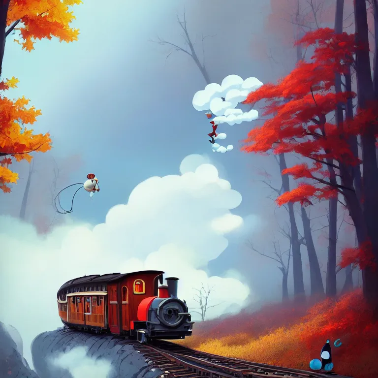 Image similar to Goro Fujita illustrating An antique steam train with a large white cloud coming out of the chimney travels through a beautiful autumn forest along the railroad tracks, art by Goro Fujita, concept art, sharp focus, ArtStation