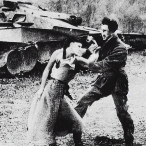 Image similar to a photograph of emma watson punching a german tiger tank