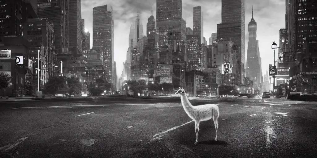 Image similar to a llama walking through a desolate manhattan city street at night, statue of liberty seen in the background, realistic 4 k octane beautifully detailed render, 4 k post - processing, highly detailed, detailed face, intricate complexity, epic composition, magical atmosphere, cinematic lighting, masterpiece, ultra hd