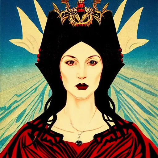 Prompt: Illustrated by Shepard Fairey and H.R. Geiger | a renaissance style portrait painting of raven winged female vampire, wearing a crown and cape, dark background