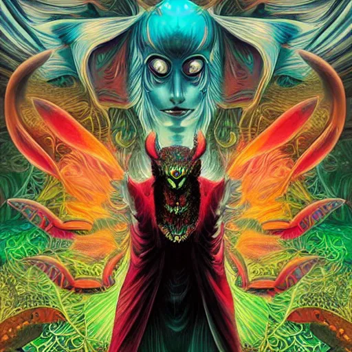 Image similar to 8K headshot Portrait of centered chest up of a psychedelic godlike mothman with giant mandala wings smoking a hand-rolled cigarette smoking heavily , magic mushroom village in background , post-processing , award winning. superb resolution. in the art style of junji Ito and greg rutkowski . Detailed Mushroom city in background. Hyper realistic anime. Perfect art. Dalle2