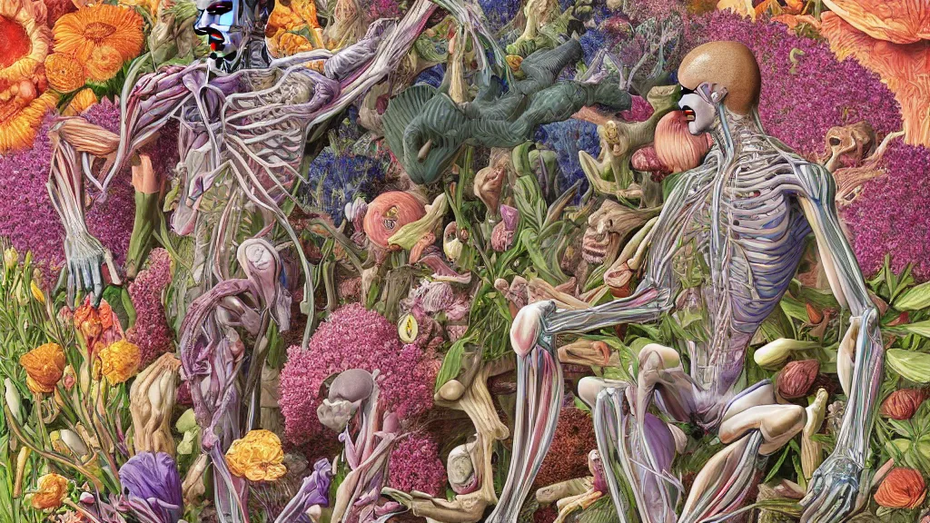 Image similar to highly detailed illustration of a human anatomy body exploded by all the known species of flowers by juan gatti, by moebius!!,, by oliver vernon, by joseph moncada, by damon soule, by manabu ikeda, by kyle hotz, by dan mumford, by kilian eng