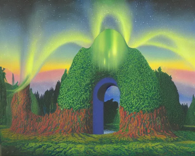 Prompt: Enchanted forest, with a magical portal gate leading to Paradise, with Aurora Borealis in the sky, by John Avon and René Magritte, oil on canvas