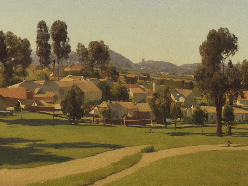 Image similar to a painting of california suburb by peter ilsted