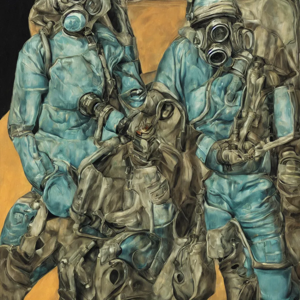 Prompt: high quality high detail painting by lucian freud, jenny savile, scifi soldier with gas mask, turquoise, hd