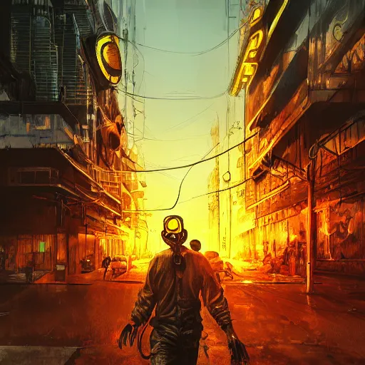 Image similar to Portrait of a Guy in a Gasmask, Cyberpunk city, street vendors, citizens, augmented cyborgs, robots, skyscapers, buildings, clouds, sunset, painted by seb mckinnon, high detail, digital art, trending on artstation