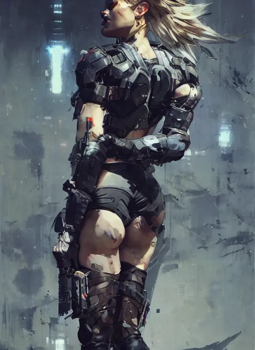 Image similar to Margot Robbie wearing metal gear armor holding gun dramatic lighting art by Yoji Shinkawa by Richard Schmid by greg rutkowski by Sandra Chevrier by Jeremy Lipking cinematic dramatic