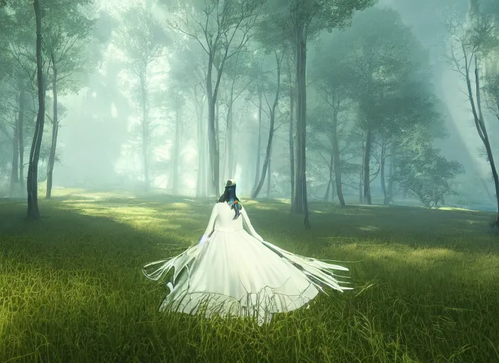 Image similar to a woman dressed in a white dress, seen from behind, in a magical forest, painted by, mc escher, gordon onslow ford, georgia o'keeffe and ivan aivazovsky, cinematic light, god rays, colourful, unreal engine, zbrush central,