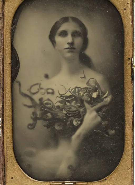 Prompt: wetplate daguerreotype portrait of an elegant woman, covered by an octopus, by louis jacques mande daguerre