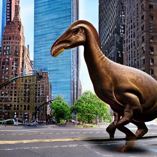 Prompt: realistic photograph of a parasaurolophus in the middle of a busy street new york