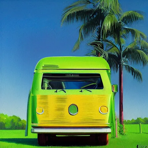 Prompt: retro painting illustration of a volswagen van, 2 d, pastel color, green, yellow, red, retro style art, trendy on artstation, by rhads