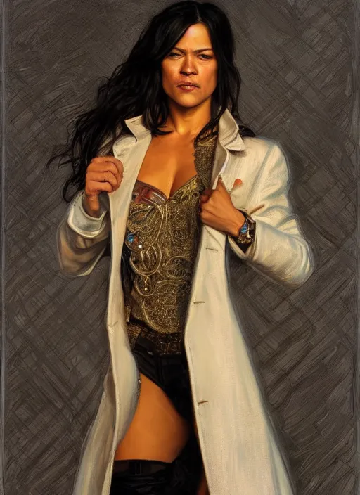 Prompt: Michelle Rodriguez as feisty latino woman wearing coat, portrait, intricate, elegant, highly detailed, centered, digital painting, artstation, concept art, smooth, sharp focus, illustration, art by artgerm and donato giancola and alphonse mucha