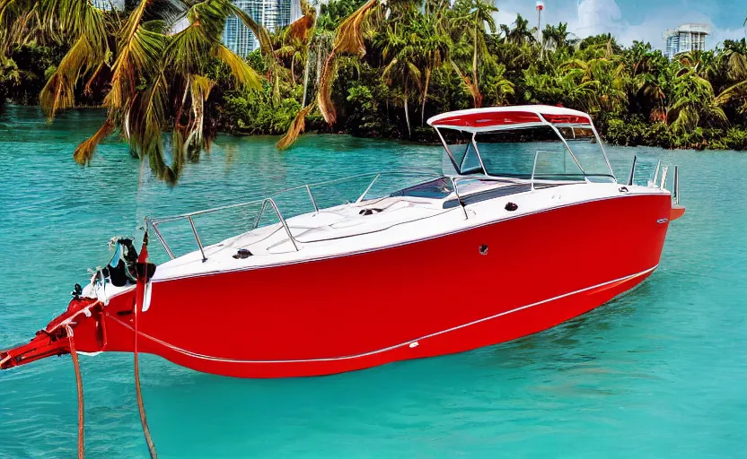 Image similar to photorealistic picture of a red scarab 3 8 kv boat driving in turquoise water. miami. 8 0's style